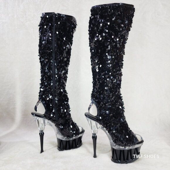 Pleaser Shoes - Pleaser Spiky Black Sequin Knee Boots Spiked Design Platform